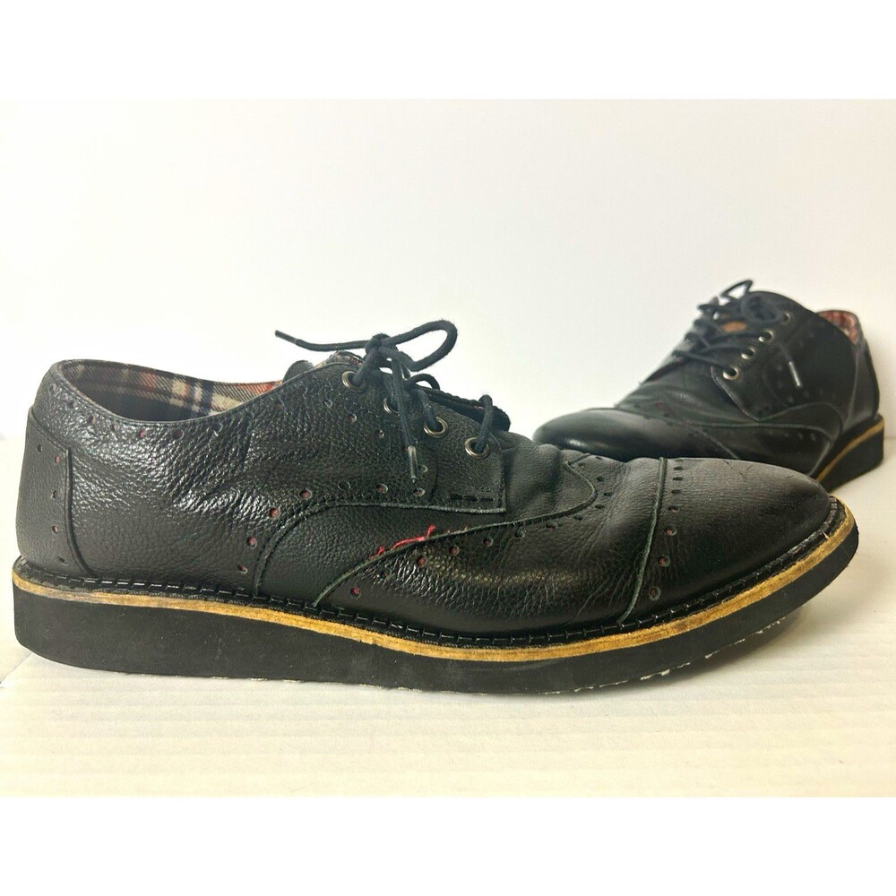 TOMS Men's Brogue Oxford Black Pebbled Leather Plaid Lining Wingtip Size 11.5